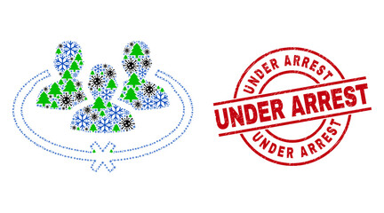 Winter Covid-2019 combination jailed persons, and dirty Under Arrest red round stamp imitation. Mosaic jailed persons is formed from Covid-2019, fir tree, and ice crystal symbols.