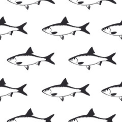 Seamless fish vector pattern. Nature background. Seafood seamless pattern. Backdrop with fishes. Seamless pattern. Wrapping paper. Nature background. Fish icon. Seafood backdrop. Sea backdrop. Vector 