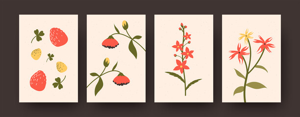 Flowers and berries illustration set in pastel colors. Ripe strawberries and floral elements for postcard, invitation card designs. Flowers and blossom concept