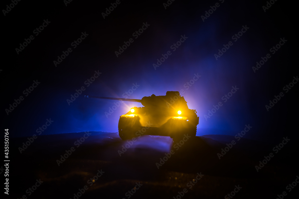 Wall mural war concept. military silhouettes fighting scene on war fog sky background, world war soldiers silho