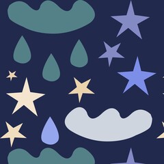 Seamless pattern of night sky clouds of stars and raindrops