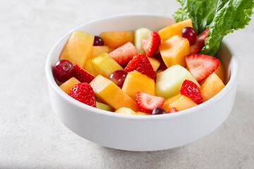 A view of a fruit salad bowl.