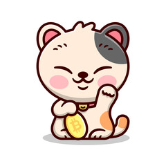 CUTE JAPANESE LUCKY CAT IS HODING A YELLOW BITCOIN AND SMILING. HIGH QUALITY CARTOON MASCOT AND CHARACTER.