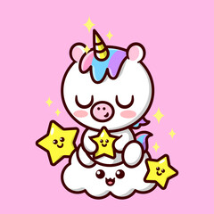 CUTE LITTLE UNICORN WITH COLORFUL HAIR AND SPARKLING YELLOW HORN ISHOLDING A STAR AND SITING ON A SMILING CLOUD. HIGH QUALITY CARTOON MASCOT AND CHARACTER.