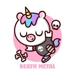 CUTE LITTLE UNICORN WITH COLORFUL HAIR AND YELLOW HORN AND WEARING BLACK TEE WITH A SKULL LOGO. HIGH QUALITY CARTOON CHARACTER AND MASCOT.