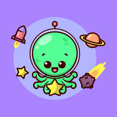 CUTE GREEN ALIEN WITH SIX TENTACLES IS HOLDING A YELLOW STAR AND WEARING A GLASS HELMET. HIGH QUALITY CARTOON MASCOT AND CHARACTER DESIGN.
