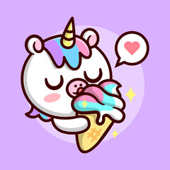 CUTE LITTLE UNICORN WITH COLORFUL HAIR AND SPARKLING YELLOW HORN FEELING SO HAPPY WHILE LICKING A BIG COLORFUL ICE CREAM CONE. HIGH QUALITY CARTOON MASCOT.