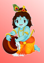 Naklejka premium Krishna baby eting Makhan i.e Butter from Pot | Krishna Indian God Krishna Baby Eating Makhan i.e Butter from Pot kanha kid krishna kid cartoon