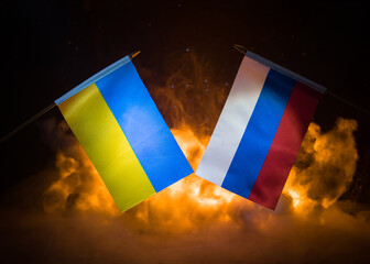 Concept of crisis of war and political conflicts between countries. Russia and Ukraine small flags...