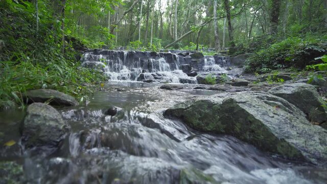 Namtok Samlan Waterfall. Nature landscape of Saraburi in natural park, Thailand in travel trip on holiday and vacation, tourist attraction.