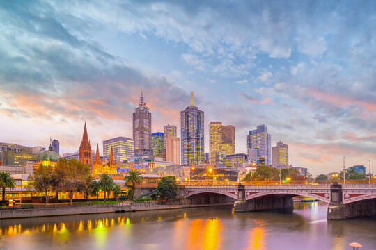 Melbourne city skyline at twilight, Australia