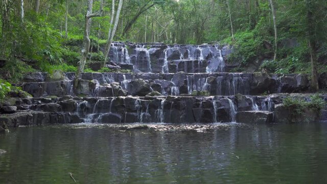 Namtok Samlan Waterfall. Nature landscape of Saraburi in natural park, Thailand in travel trip on holiday and vacation, tourist attraction.