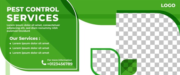Pest Control Horizontal Banner Template Design. Modern Banner with Abstract Green Shape and Place for the Photo. Usable for Web banner and Print banner.