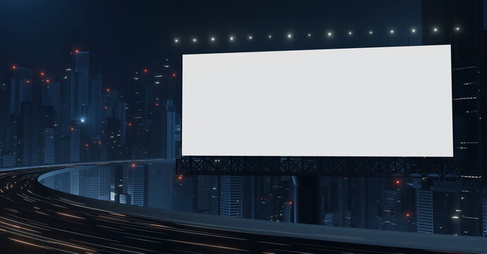 3D Rendering of blank large billboard in city near highway street at night. Surrounded by many buildings and led glowing lights. For advertising template.  Product, poster, brochure background