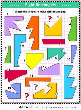 IQ and spatial reasoning skills training math visual puzzle: Match the shapes to make eight rectangles. Answer included.

