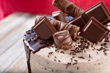 A closeup view of a multi-layered chocolate cake.