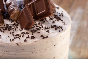 A closeup view of a multi-layered chocolate cake.