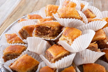 A view of a tray of Armenian baklava.