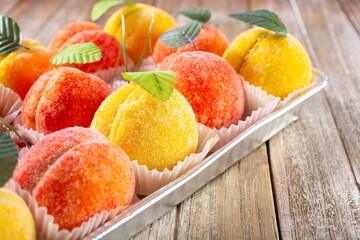 A view a tray of peach cookies.