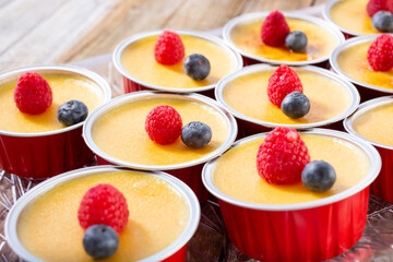 A view of several servings of creme brulee. 