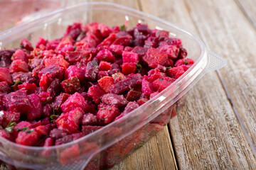 A view of a Russian vinaigrette beat salad.