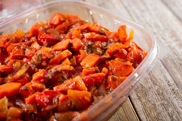 A view of a container of Ukrainian perets salad.