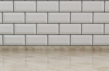 Fototapeta premium Empty close up kitchen counter with mosaic tessellated wall and marble front view countertop, 3d rendering