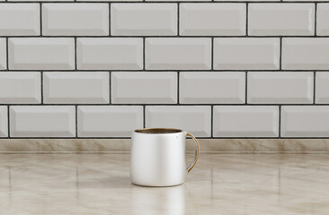 Fototapeta na wymiar Single coffee mug on a front view kitchen counter top with faience mosaic tessellated wall, 3d Rendering, close-up view