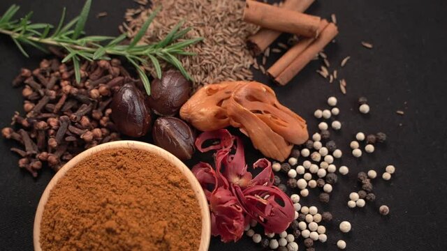 Close up of Curry powder and spices in a wooden cup with black background, industry concept