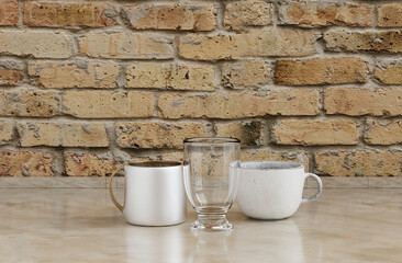 2 coffee mugs and single water glass side by side on kitchen countertop with wall, close up front view, 3d rendering, no people