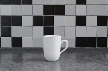 Single white coffee mug on a front view kitchen counter top with faience mosaic tessellated wall, 3d Rendering, close-up view