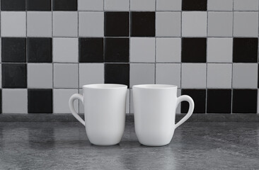 Two white porcelain coffee cups side by side on black amd white color front view kitchen counter top with faience mosaic tessellated wall, 3d Rendering, close-up view