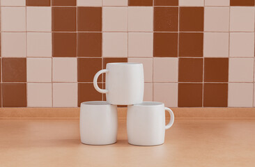 Coffee mugs stacked on top of each other on kitchen counter, front view and close-up, 3d Rendering, no people