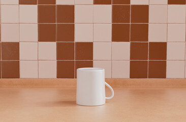 Single white upside down coffee mug on a front view kitchen counter top with faience brown faience tiled wall, 3d Rendering, close-up view