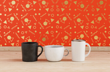 Three different coffee mugs side by side on wooden kitchen countertop front of orange decorative wall, front view, 3d rendering, no people
