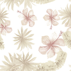 White Seamless Botanical. Brown Pattern Foliage. Gray Tropical Nature. Banana Leaves. Flower Botanical. Floral Texture. Watercolor Illustration. Decoration Hibiscus.