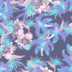 Fototapeta na wymiar Coral Pattern Palm. Indigo Tropical Vintage. Violet Floral Exotic. Cobalt Flora Painting. Blue Decoration Foliage. Purple Wallpaper Botanical. Navy Spring Leaf.