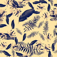 Indigo Seamless Botanical. Blue Pattern Illustration. Navy Tropical Illustration. Cobalt Spring Foliage. Coral Flower Palm. Pink Decoration Leaves. Wallpaper Design.