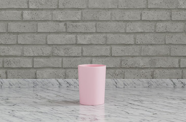 Single pink coffee mug on a front view kitchen counter top with gray tiled brick wall, 3d Rendering, close-up view