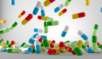 capsules pills and drug tray on white background. 3d illustration, 3d rendering.
