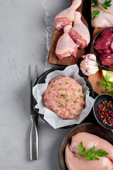 Raw chicken meat parts with spices and herbs for cooking on gray background.