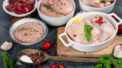 Raw chicken meat parts with spices and herbs for cooking on dark background.