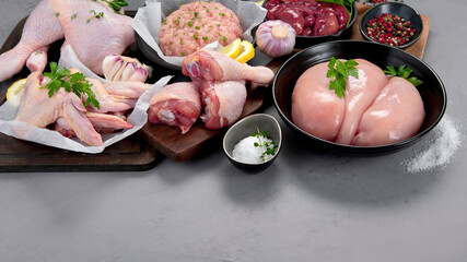 Raw chicken meat parts with spices and herbs for cooking on gray background.
