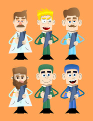 Funny cartoon doctor writing on a books cover. Vector illustration. Health care worker with a notebook taking notes.