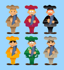 Fat male cartoon chef in uniform writing on a books cover. Vector illustration. Cook with a notebook taking notes.