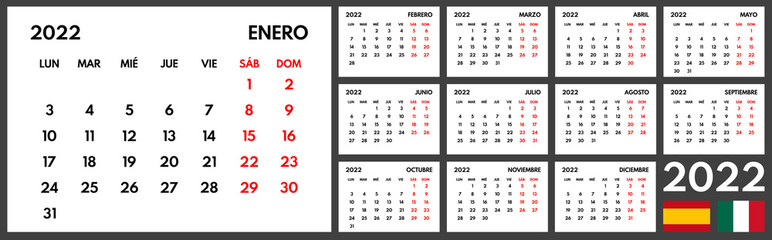 2022 spanish full year office calendar template, week starts monday, two weekend days