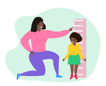 african american mother measuring height to her daughter vector illustration