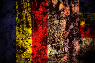Myanmar, Burmese, buddhist flag on grunge metal background texture with scratches and cracks
