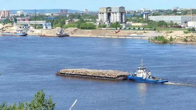 Pushboat, carrying a barge with dry cargo, logs of wood, wood on the river in the summer. High quality FullHD
