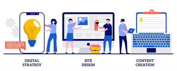 Digital strategy, site design, content creation concept with tiny people. Outbound marketing abstract vector illustration set. Creative writing, web development and mobile advertising metaphor